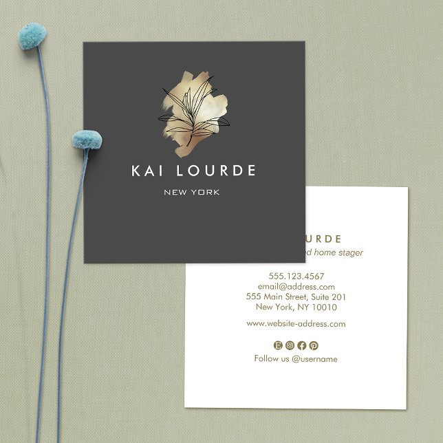 Gold Watercolor Plant Dark Grey  Business Card (Creator Uploaded)