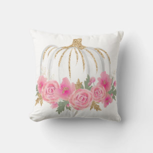 Gold Watercolor Pumpkin Pink Floral Cushion