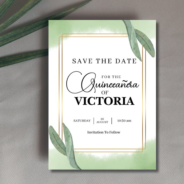 gold Watercolor Sage green butterfly Quinceanera Save The Date (Creator Uploaded)