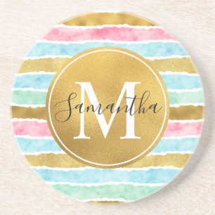 Gold Watercolor Stripes Monogram Coaster