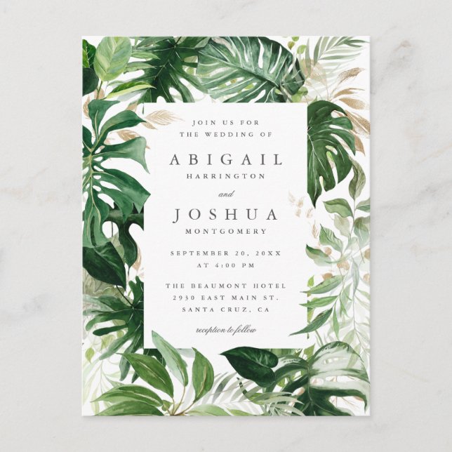 Gold & Watercolor Tropical Greenery Wedding Invitation Postcard (Front)