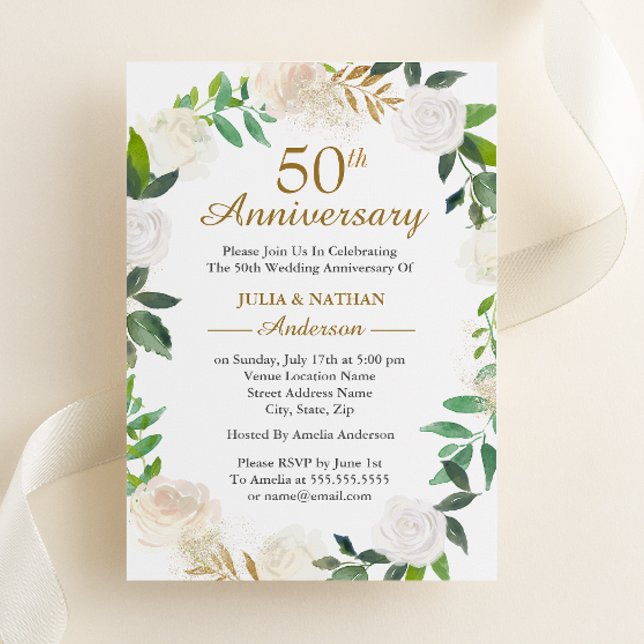 Gold Watercolor Wreath 50th Wedding Anniversary Invitation (Creator Uploaded)