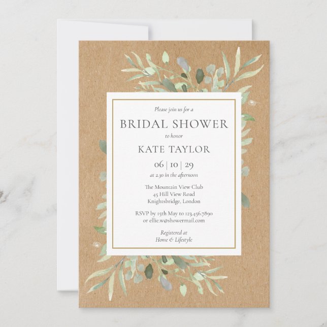 Gold Watercolour Greenery Rustic Bridal Shower Invitation (Front)
