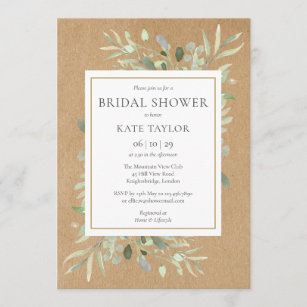Gold Watercolour Greenery Rustic Bridal Shower Invitation