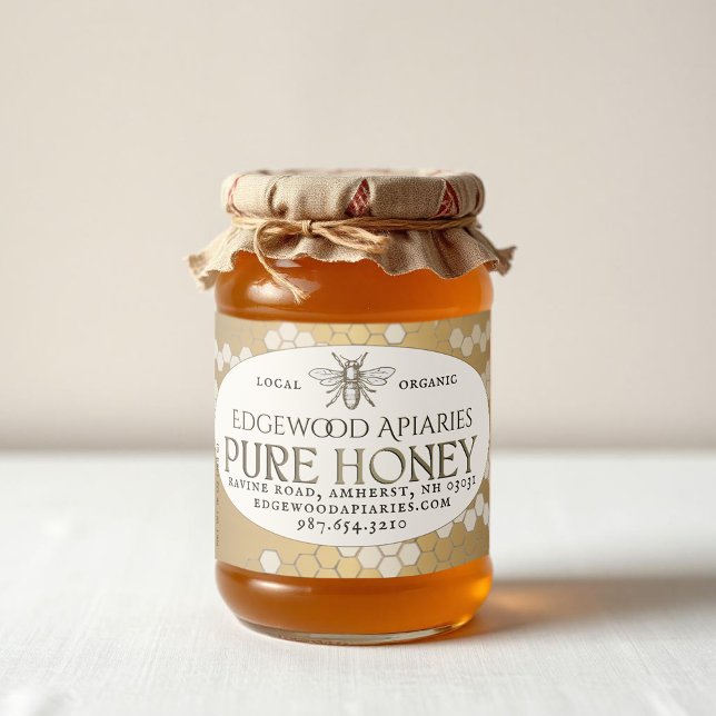 Gold Waterproof Honey Label with Honeycomb and Bee (Creator Uploaded)