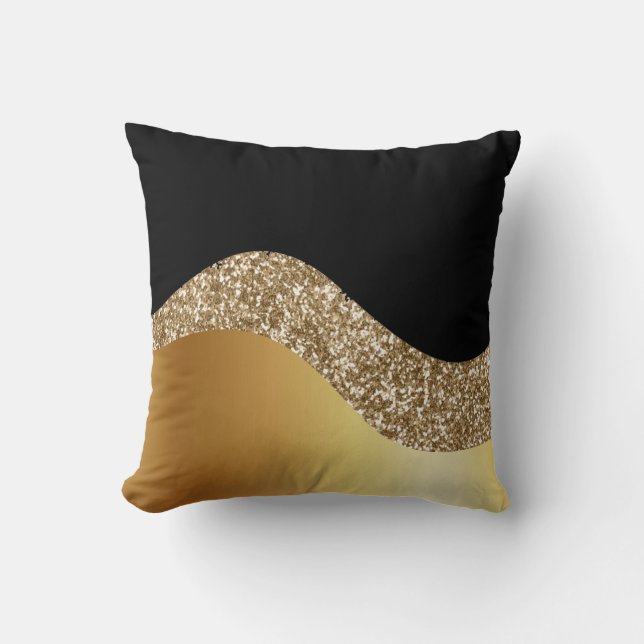 Gold Wave and Glitter on Black Cushion (Front)