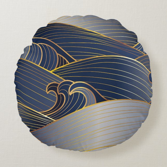 Gold Wave Lines, Abstract Vintage. Round Cushion (Front)