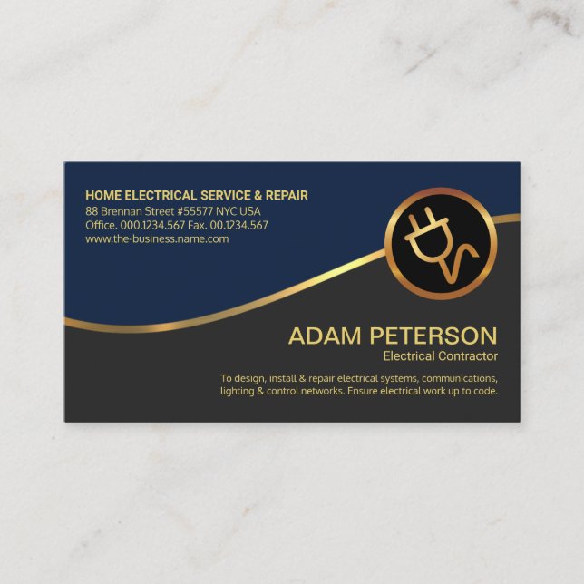 Gold Wave Stylish Blue Grey Layers Electrician Business Card (Front)