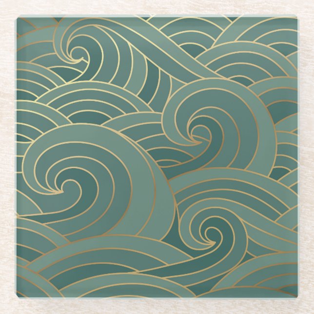 Gold Wave: Traditional Oriental Luxury Glass Coaster (Front)
