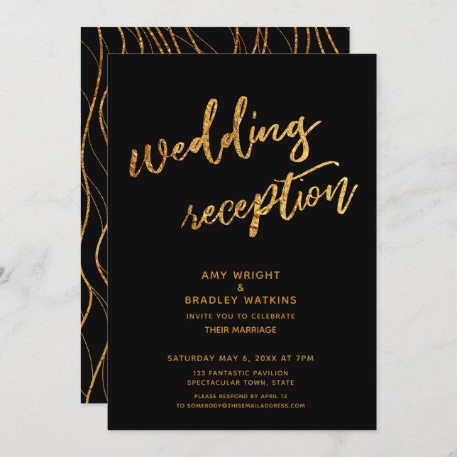 Gold Waves & Handwriting Black Wedding Reception Invitation (Front/Back)