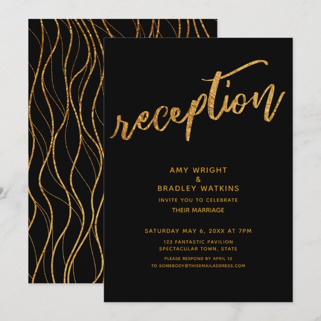 Gold Waves & Handwriting Black Wedding Reception Invitation (Front/Back)