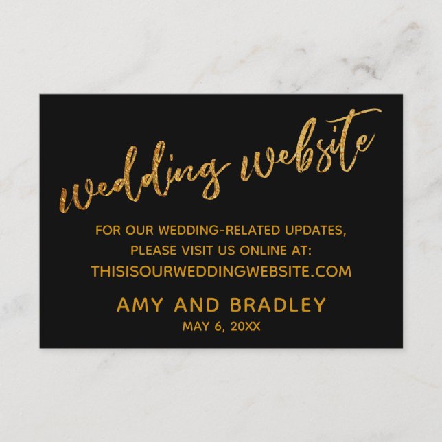 Gold Waves & Handwriting Black Wedding Website Enclosure Card (Front)
