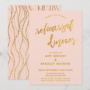Gold Waves Handwriting Blush Rehearsal Dinner Invitation