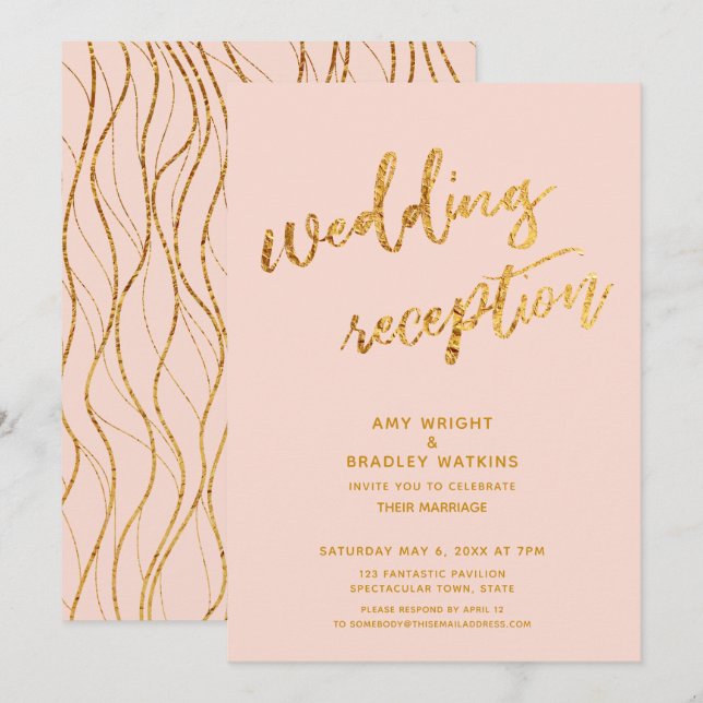 Gold Waves & Handwriting Blush Wedding Reception Invitation (Front/Back)