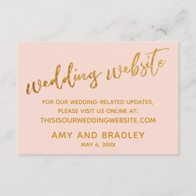 Gold Waves & Handwriting Blush Wedding Website Enclosure Card (Front)