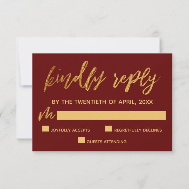 Gold Waves Handwriting Burgundy Kindly Reply RSVP Card (Front)
