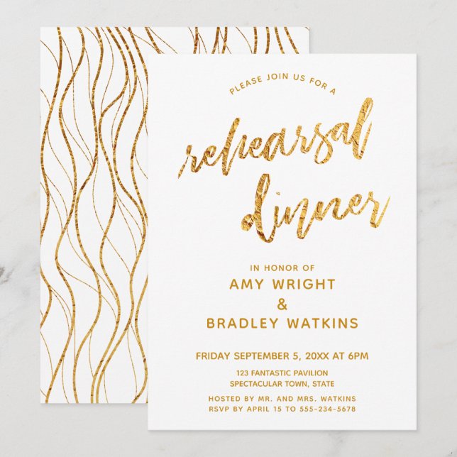 Gold Waves Handwriting White Rehearsal Dinner Invitation (Front/Back)