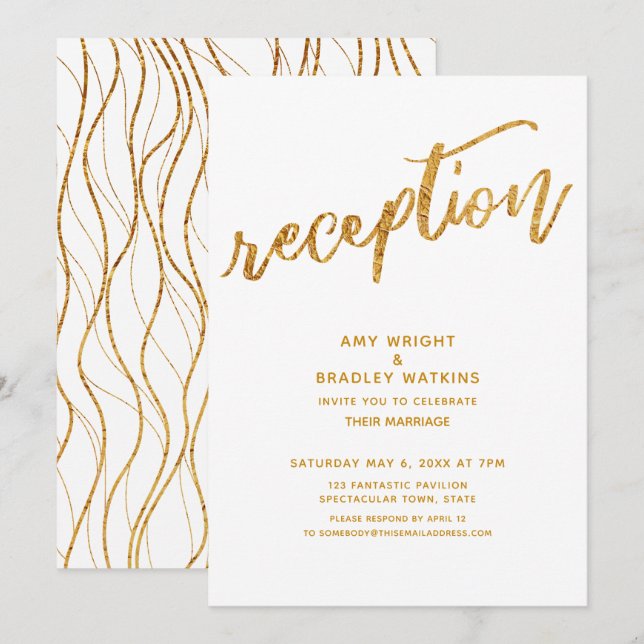 Gold Waves & Handwriting White Wedding Reception Invitation (Front/Back)