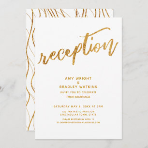 Gold Waves & Handwriting White Wedding Reception Invitation