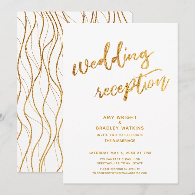 Gold Waves & Handwriting White Wedding Reception Invitation (Front/Back)