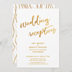 Gold Waves & Handwriting White Wedding Reception Invitation
