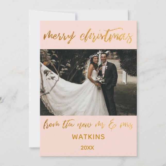 Gold Waves Merry Christmas from New Mr & Mrs Blush Holiday Card (Front)