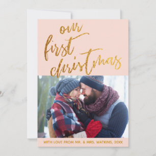 Gold Waves on Blush Our First Christmas, Photo Holiday Card