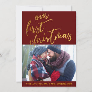 Gold Waves on Burgundy Our First Christmas, Photo Holiday Card