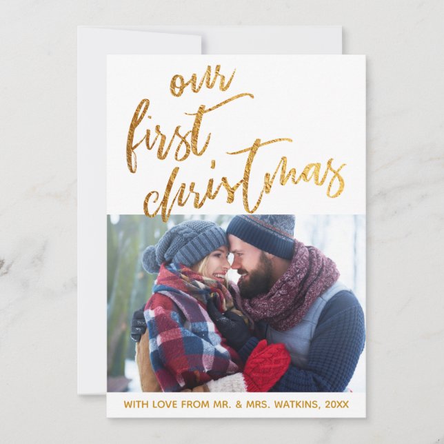 Gold Waves on White Our First Christmas, Photo Holiday Card (Front)