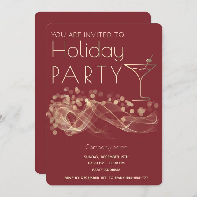 Gold wavy bokeh cocktail corporate Holiday party  Invitation (Front/Back)