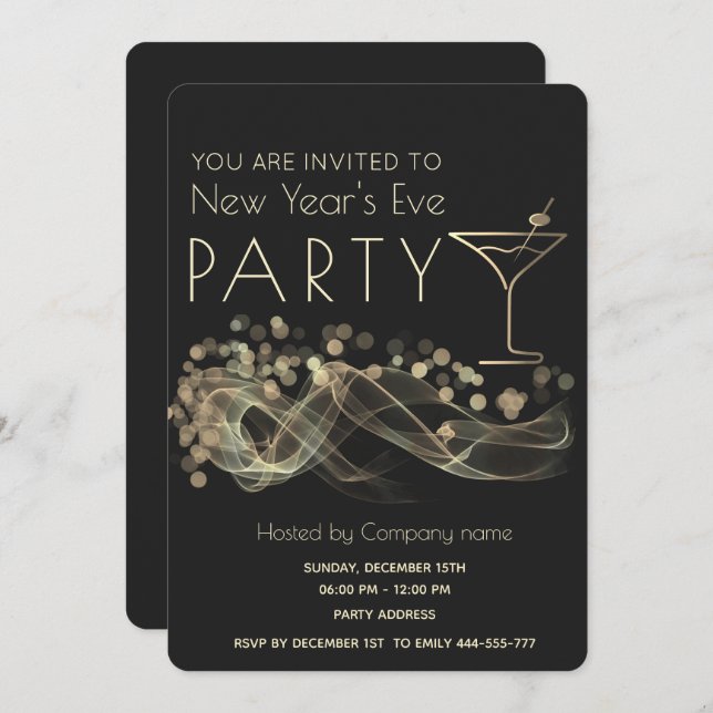 Gold wavy bokeh cocktail New Year's Eve Invitation (Front/Back)