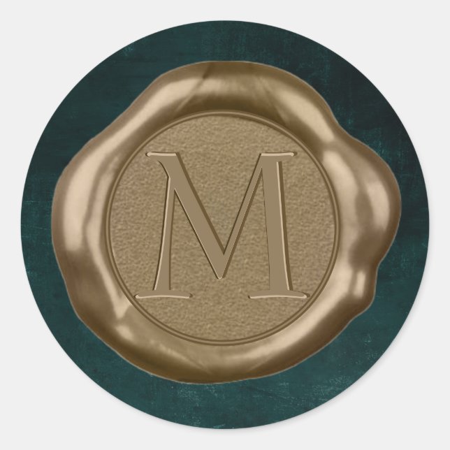Gold Wax seal Sticker monogram on emerald green, (Front)
