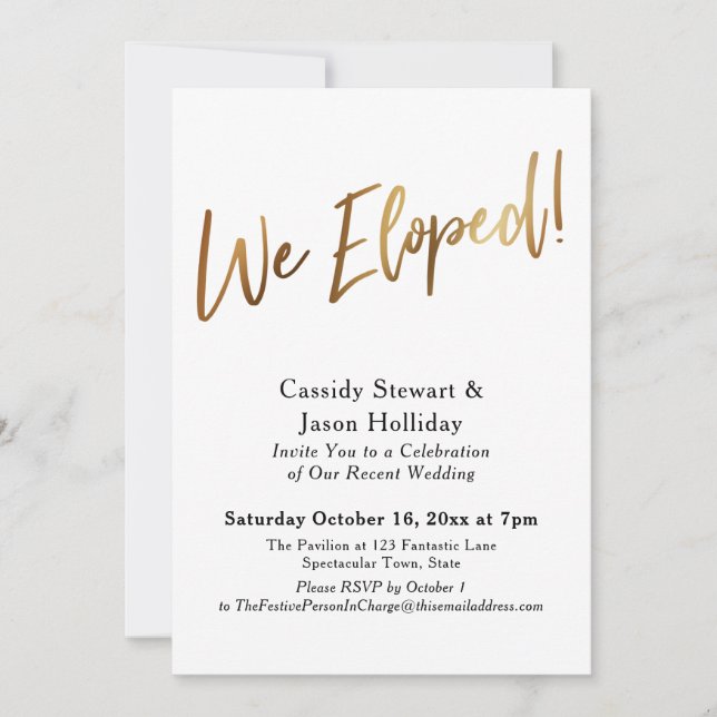 Gold We Eloped, Bokeh Black Back Reception Invitation (Front)