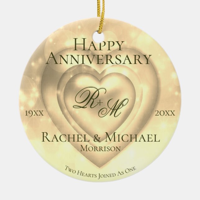 Gold Wedding Anniversary with Two Hearts Ceramic Tree Decoration (Front)