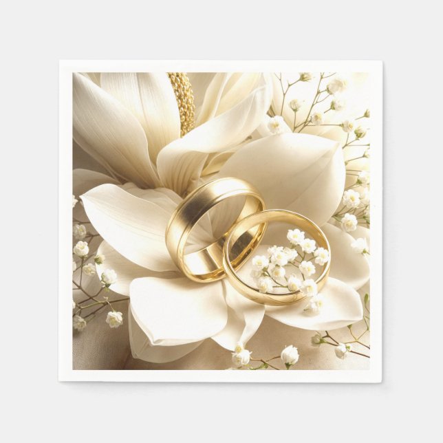 Gold Wedding Bands On a Magnolia Flower Napkin (Front)