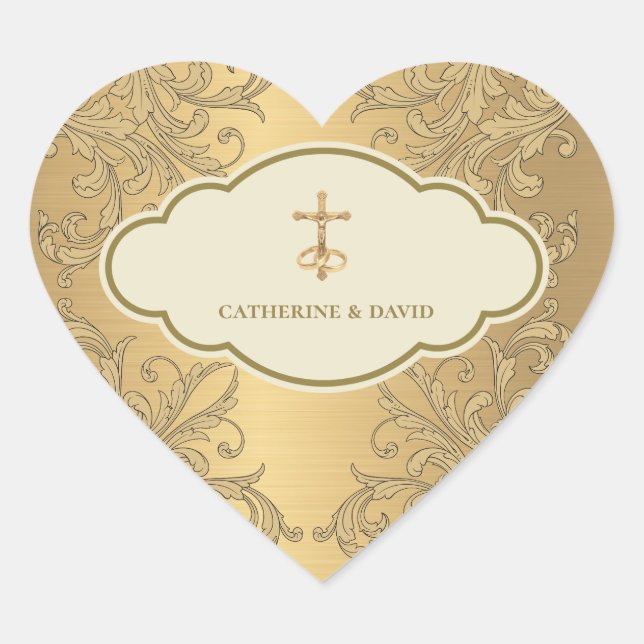 Gold Wedding Cross Heart Sticker (Front)