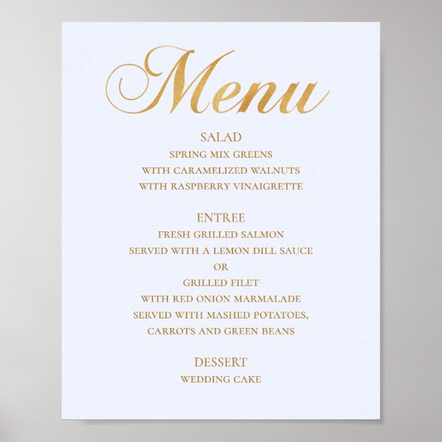 Gold wedding dinner menu. Blue elegant simple Poster (Front)