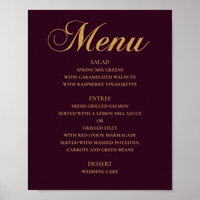 Gold wedding dinner menu. Burgundy elegant simple Poster (Front)