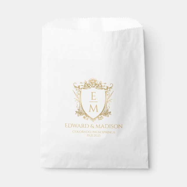 Gold Wedding Initials & Wedding Floral Crest  Favour Bags (Front)