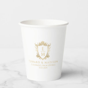 Gold Wedding Initials & Wedding Floral Crest Paper Cups