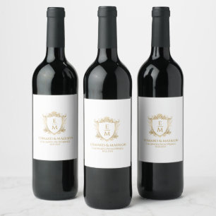 Gold Wedding Initials & Wedding Floral Crest  Wine Label