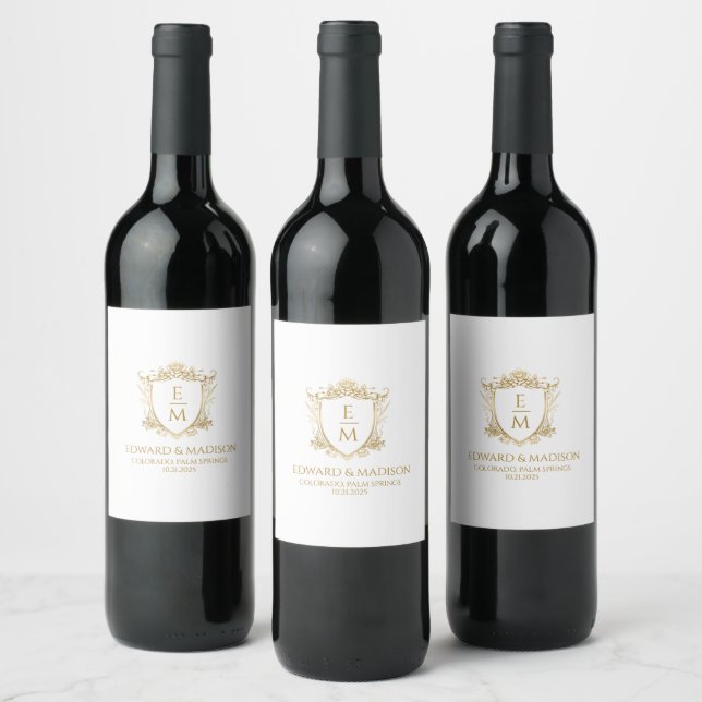 Gold Wedding Initials & Wedding Floral Crest  Wine Label (Bottles)