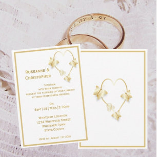 Gold Wedding Invitation Butterflies Heart Design