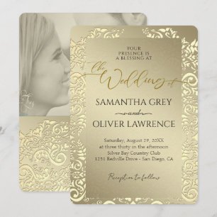 Gold Wedding Invitation with Monogram & Photo