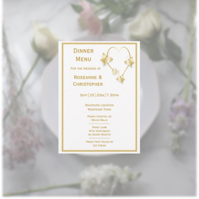 Gold Wedding Menu Butterflies Heart Design (Gold wedding menu butterflies heart design)
