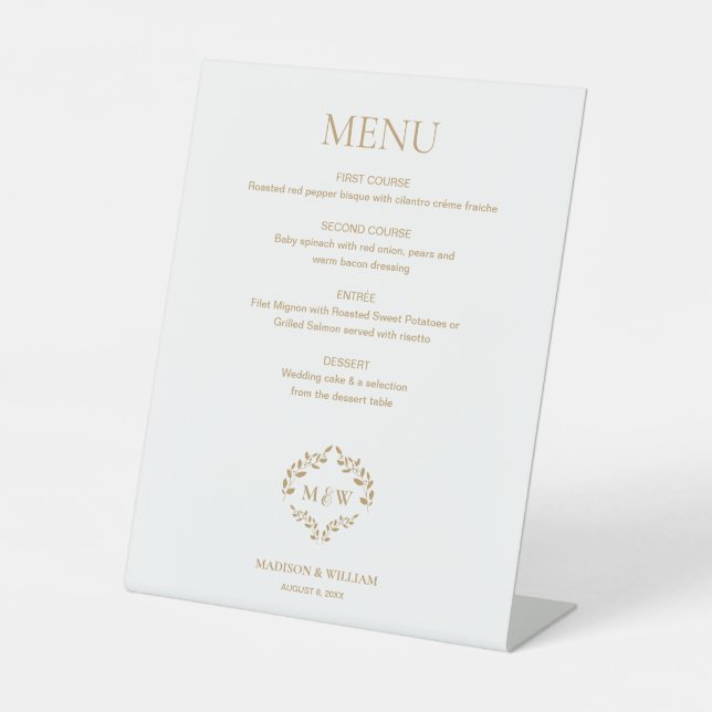 Gold Wedding Menu Sign with Monogram Crest Custom (Front)