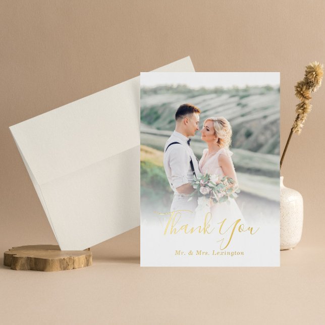 Gold Wedding Photo Thank You Foil Greeting Card (Creator Uploaded)