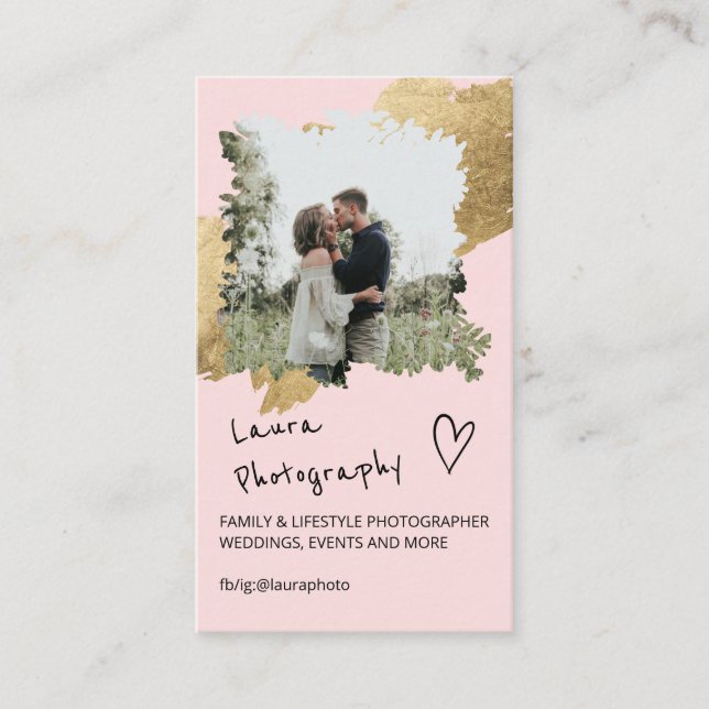Gold wedding photographer pink floral 2 photo business card (Front)