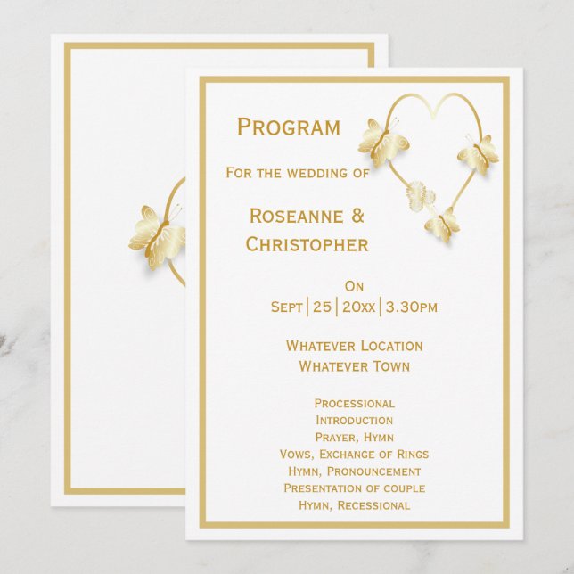 Gold Wedding Program Butterflies Heart Programme (Front/Back)
