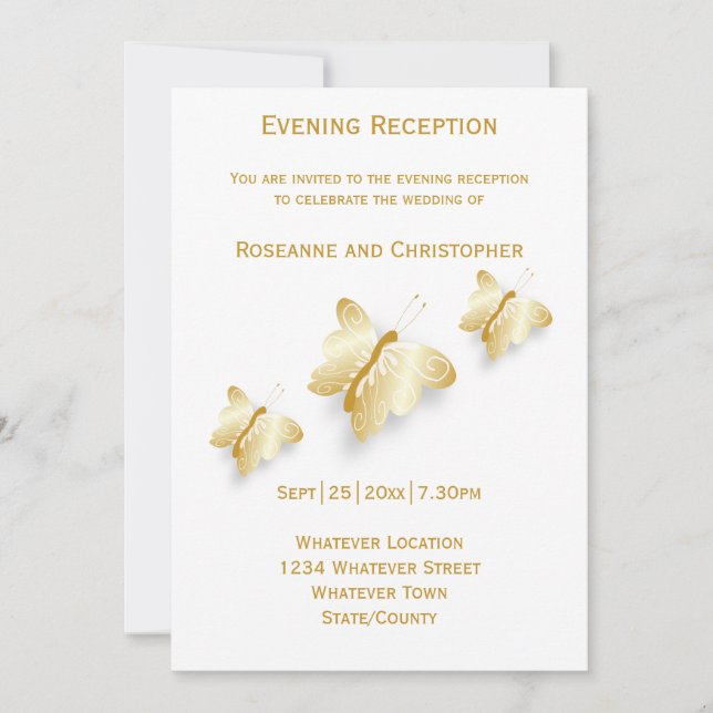 Gold Wedding Reception Invitation Butterflies (Front)